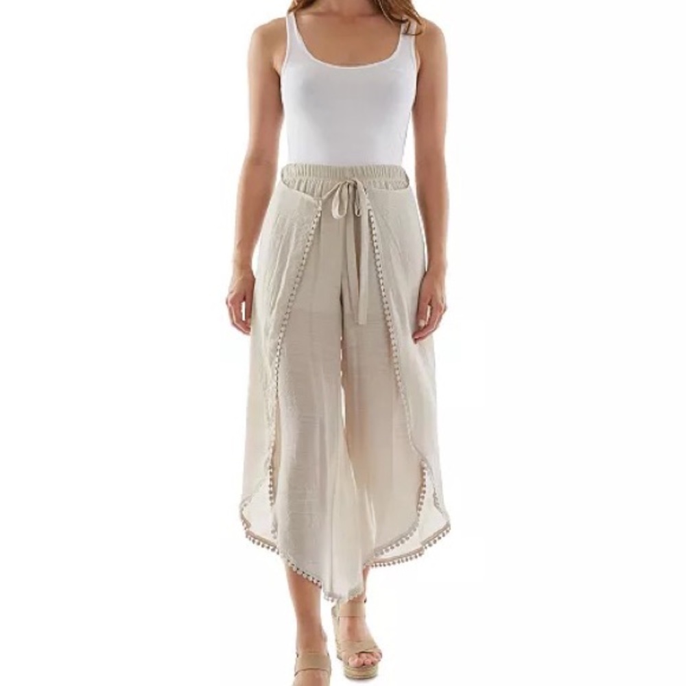 Women's Cream Sheer Pom-Pom Trim Wide Leg Pants